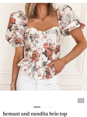 HEMANT & NANDITA White Floral Puff Sleeve Peplum Corset Top